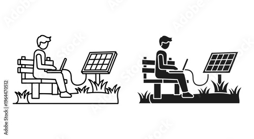 Solar energy charging icons, man working on laptop powered by sun panel, renewable energy technology for remote work and digital nomads