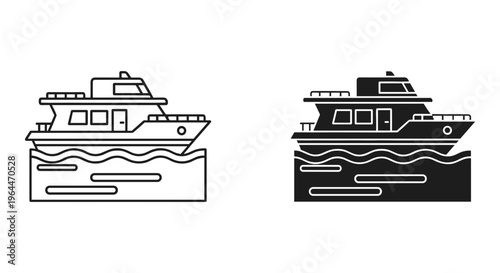 Modern motor yacht vector icons, luxury boat outline and silhouette set, nautical vessel on water for travel and maritime design
