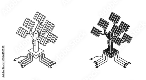 Isometric solar panel tree vector icons, renewable energy charging station with power cables, sustainable green technology concept illustrations