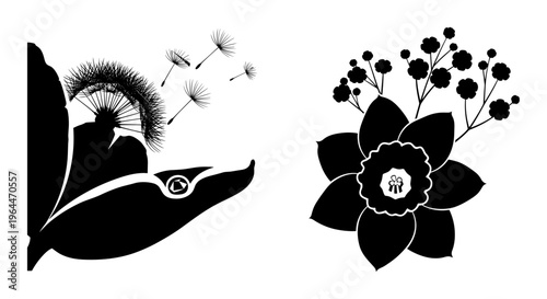Black floral silhouettes with dandelion seeds and narcissus flower, botanical vector elements for laser cutting and vinyl decals, minimalist garden icons