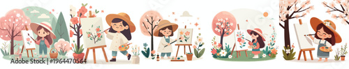 vector of a happy little girl painting outside in spring