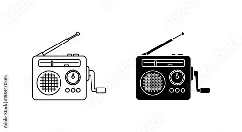 Vintage emergency hand crank radio icons, portable survival radio set with antenna, retro wind-up transistor radio vector illustrations