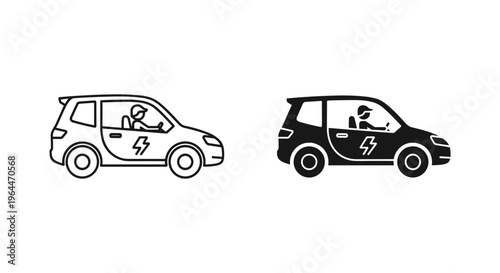 Electric car icons with driver, eco friendly vehicle vector set, modern EV transport symbols in line and solid styles for sustainable mobility