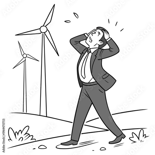 Man in suit rubbing head near wind turbines frustrated