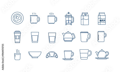 Collection of Coffee and Tea Icons: Cups, Pots, Croissant, and Pastries, French Press, Coffee Cup