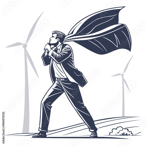 Man in suit with cape standing with wind turbines in background