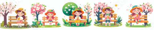 Vector of a little girl sitting on a park bench drinking iced orange juice in spring
