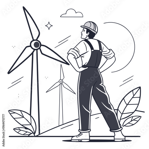 Worker in overalls looking at wind turbine renewable energy