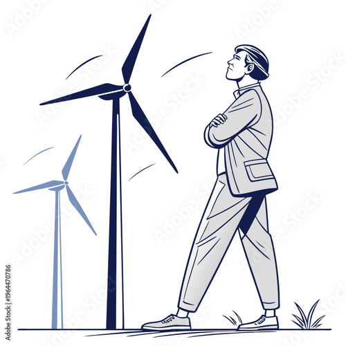 Man standing with arms crossed looking at wind turbines