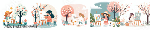 vector of a happy little girl painting outside in spring