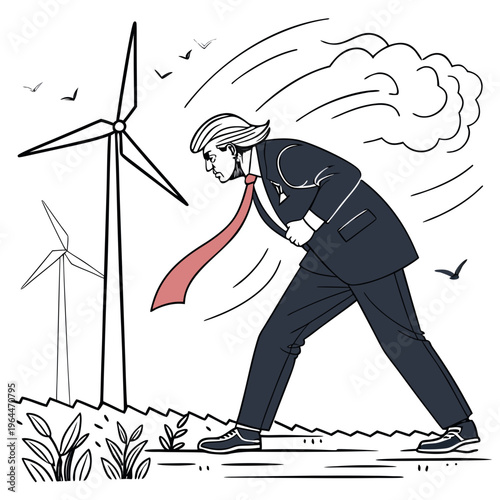 Businessman struggling with wind and turbines suit