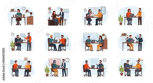 Vector illustration of coworkers playing harmless pranks on each other in an office setting on April Fools' Day with laptops and computers