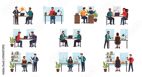 Vector illustration of coworkers playing harmless pranks on each other in an office setting on April Fools' Day with laptops and plants