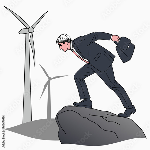 Businessman on a rock with briefcase and wind turbines