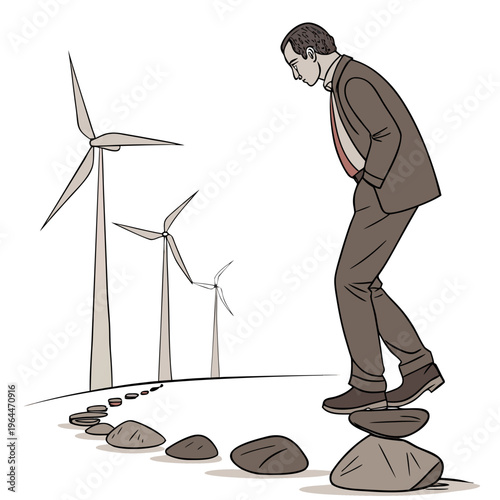 Businessman Standing on Rocks with Wind Turbines energy
