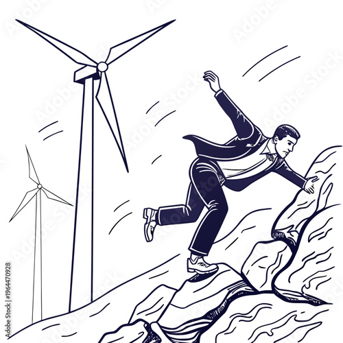 Man in coat climbing hill with wind turbines