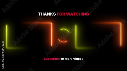 Youtube end screen template with neon borders, perfect for video outros and branding elements for social media content.