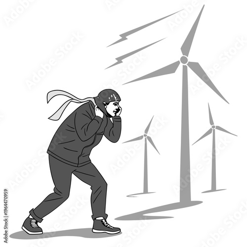 Man struggling in strong wind near wind turbines helmet