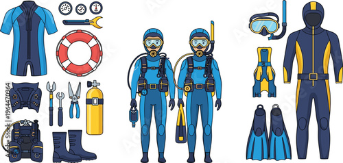 PrintScuba Diving Equipment Set Featuring Wetsuits, Oxygen Tanks, Diving Boots, Fins, and Tools for Underwater Exploration