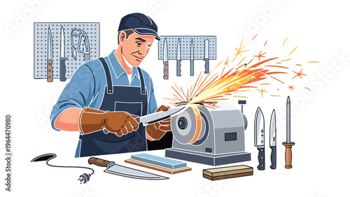 Master Craftsman at Work: A skilled artisan meticulously sharpens a knife on a grinding wheel, sparks flying as he hones the blade, showcasing his dedication to the craft.