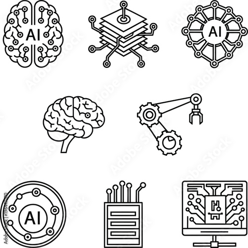 Artificial Intelligence Icons: Brain, Robot Arm, Circuit Board, Computer