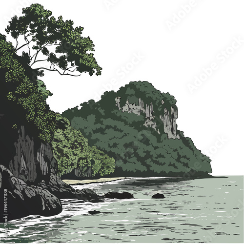 Rocky coastline with tree and ocean waves cliff