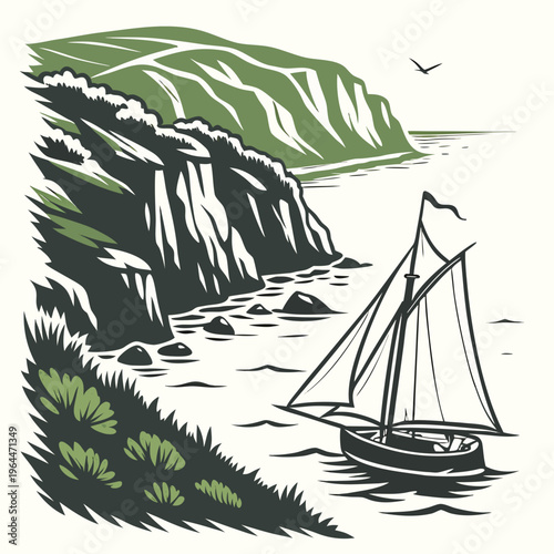 Monochrome of a sailboat near a rocky coastline cliffside