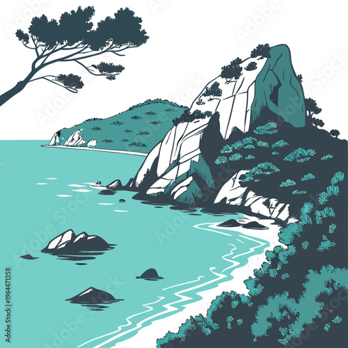 Rocky coastline with a tree and turquoise water scenery