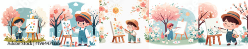 vector of a happy little boy painting outside in spring