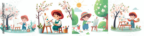 vector of a happy little boy painting outside in spring