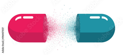 Medical capsule drug vector pill dissolving into particles on plain background.