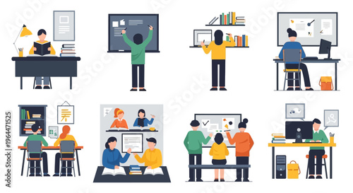 Students and teachers engaged in various educational activities in a classroom setting.