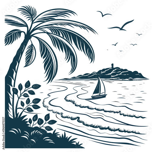 Monochrome of a palm tree and sailboat on a serene coastline