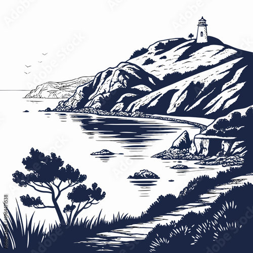 Monochrome of a lighthouse on a rocky coastline scenic