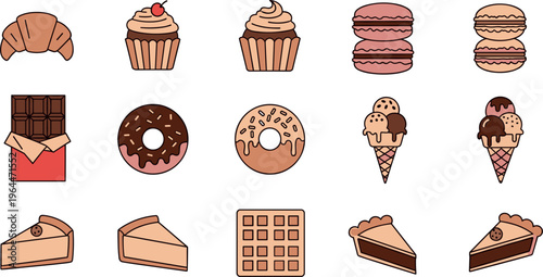 Dessert and Bakery Icon Set Featuring Croissant Cupcakes Macarons Donuts Chocolate Ice Cream and Cake Slices for Sweet Food Menu Design