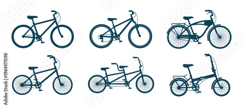 Bicycle silhouettes vector collection featuring various city and mountain bikes.