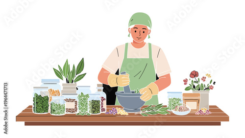 Botanical Artisan Crafting: An artisan meticulously prepares herbal concoctions, surrounded by an array of botanical ingredients, infusing the essence of nature with care and precision.