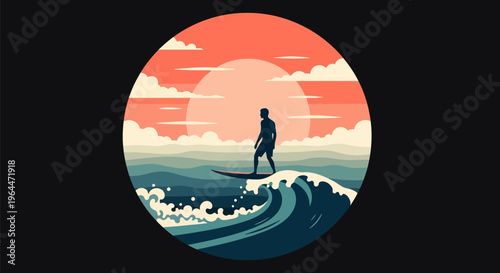 Surfer riding a wave at sunset, a serene ocean adventure.