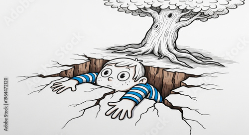 Boy Falling Into Ground Hole.