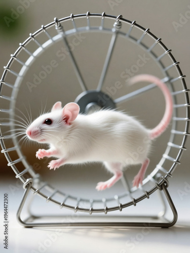 a small white mouse actively running inside a wire hamster wheel. -generative ai