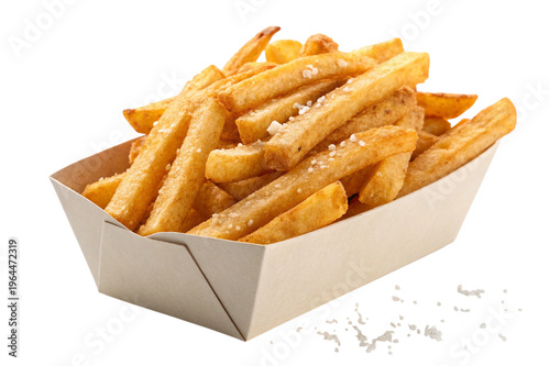 Golden crispy french fries, perfectly salted and served in a classic white paper container, isolated on a nice clean background