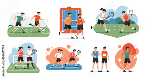 Various sports activities including soccer, basketball, tennis, and badminton with male athletes.