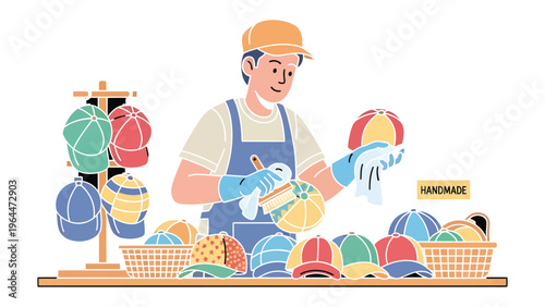 Artisan's Craftsmanship: An artisan meticulously arranges colorful, handmade hats in a quaint shop, showcasing the artistry and care behind each unique piece.