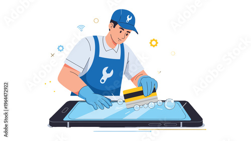 Tech Repair: A skilled technician, adorned in a service uniform, delicately cleans a mobile device screen, symbolizing precise maintenance, efficient service, and expert tech care.