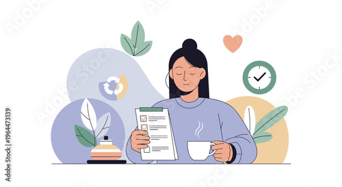Woman checking a to-do list with a cup of coffee.