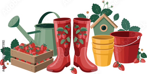 Gardening tools strawberries and red boots in a colorful scene