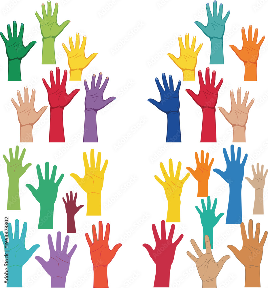 Fototapeta premium Colorful Raised Hands Illustration Set – Diversity, Inclusion and Community Support Concept with Multicolor Human Hands Vector