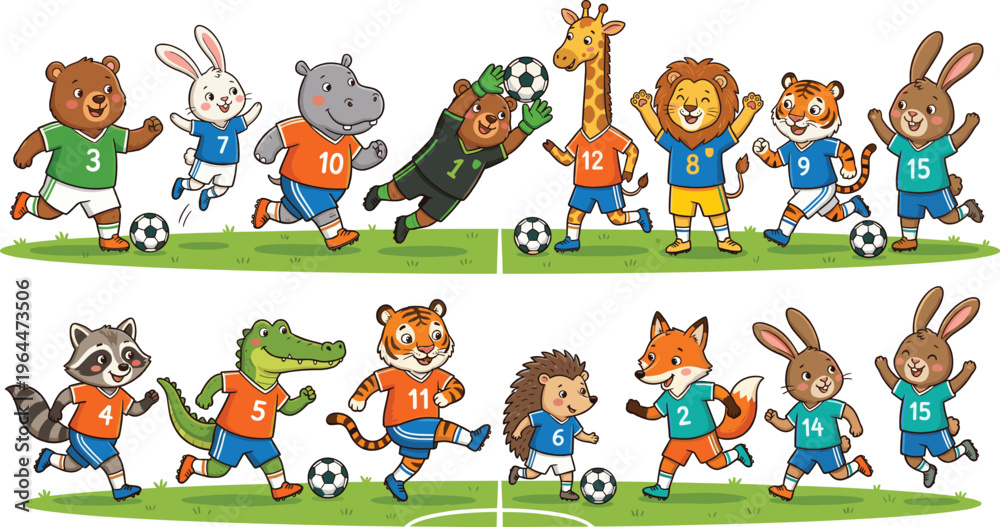Fototapeta premium Cartoon Animals Playing Soccer, Featuring Bears, Rabbits, Hippos, Tigers, and More in Colorful Uniforms for Kids' Sports Illustrations and Designs