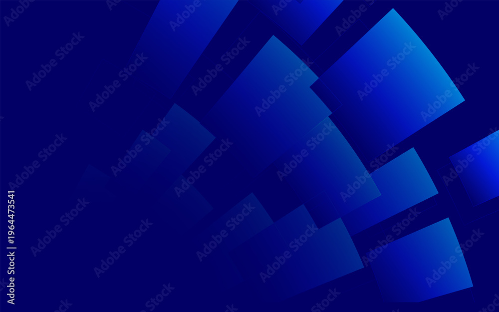Fototapeta premium Blue geometric shapes float across deep navy background. Abstract design features layered translucent squares