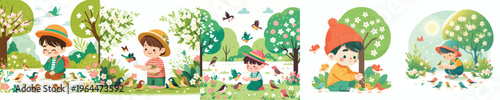 vector of a little boy feeding wild birds during spring